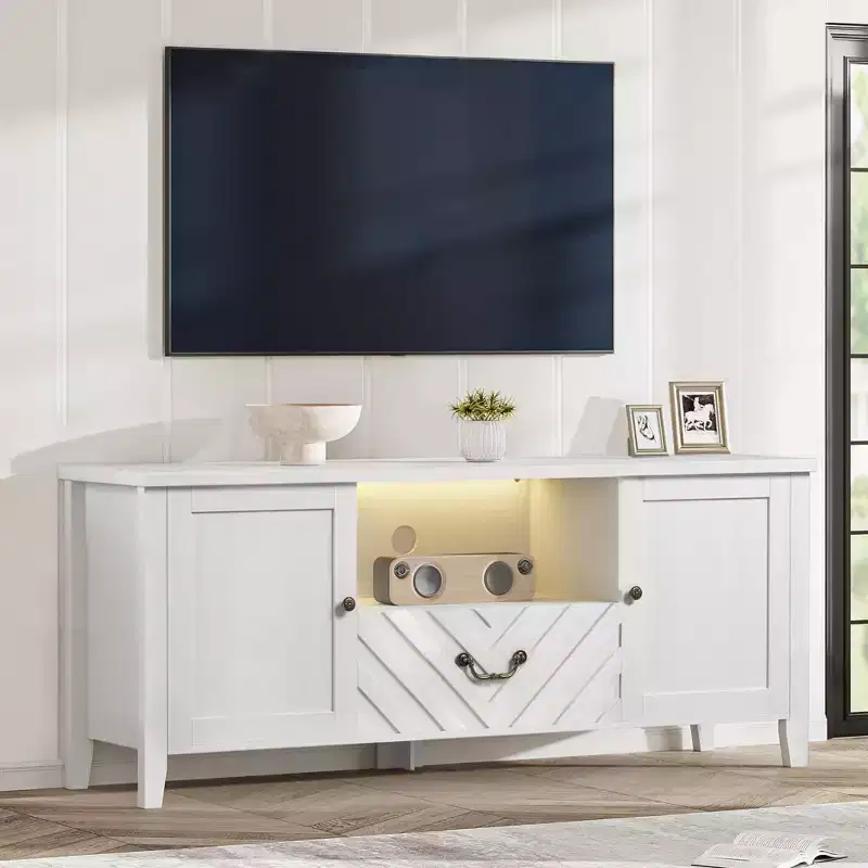 GustoWave White TV Stand for up to 65 Inch TV, Entertainment Center with Storage & Drawer for Living Room, Bedroom