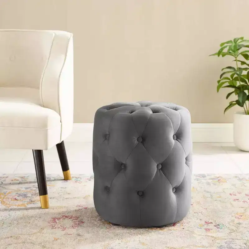 Tufted Button Round Performance Velvet Ottoman