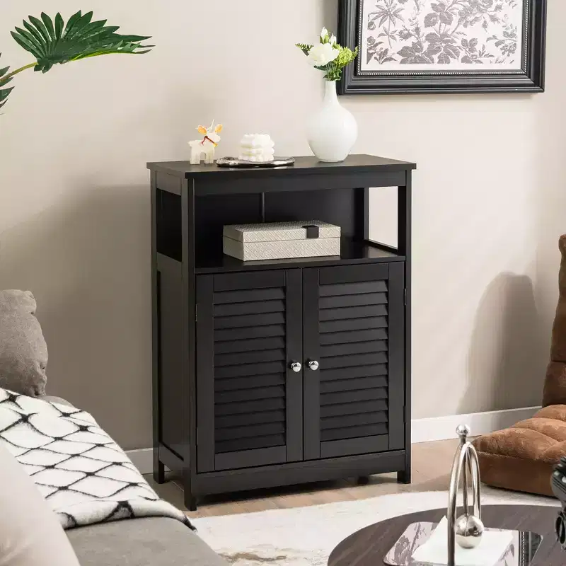 Costway Bathroom Storage Wood Floor Cabinet with Double Shutter Door Coffee\Black\White