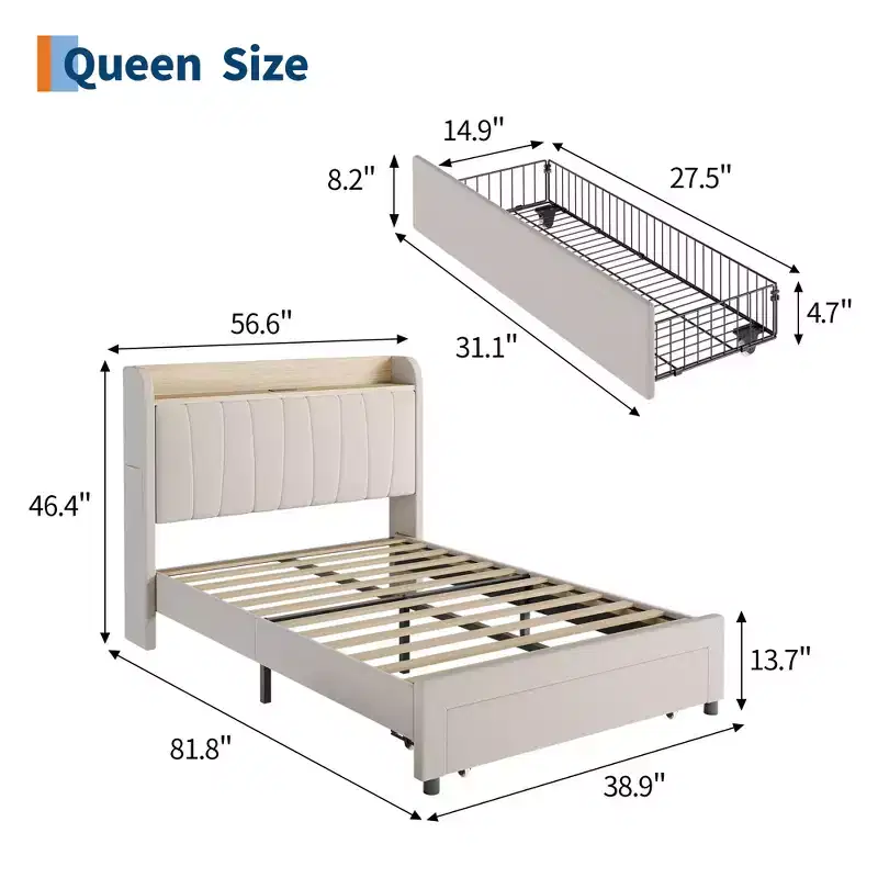 COZONY Twin / Queen Upholstered Platform Bed Frame, Storage Headboard w/ Charging Station & Drawers