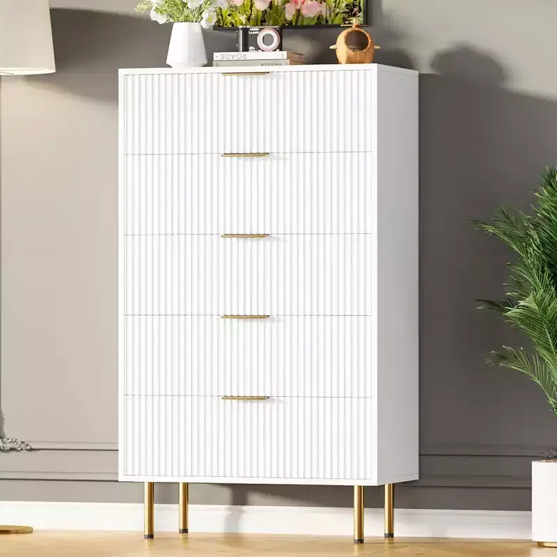 5 Drawer Dresser, Tall Modern Chest with Fluted Panels & Wide Gold Handles, Bedroom Storage Organizer for Closet, Living Room, Entryway