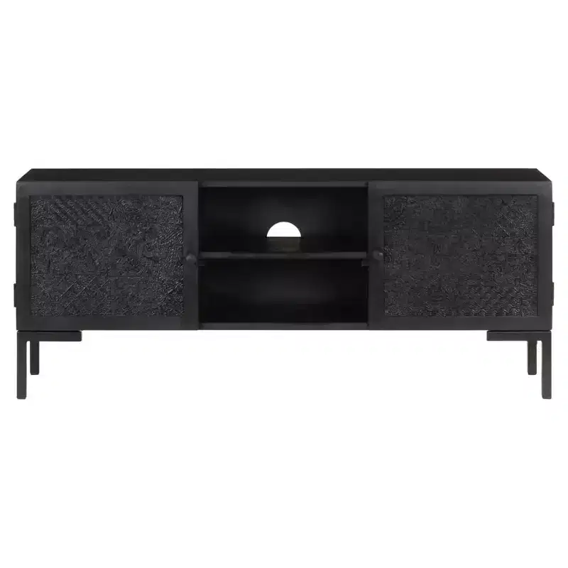 vidaXL Solid Wood TV Stand with Two Shelves and Doors, Powder Coated Steel Frame, Black Finish, Industrial Style, Size: 45.3x11.8x18.1