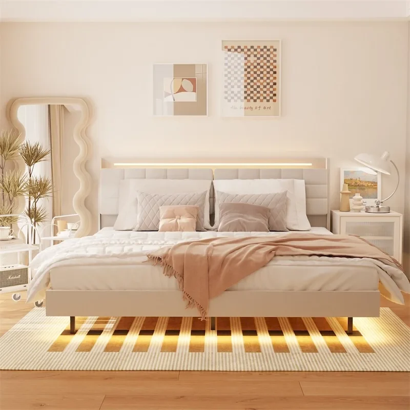 Queen Size LED Upholstered Platform Bed w/ Headboard& Charging Station