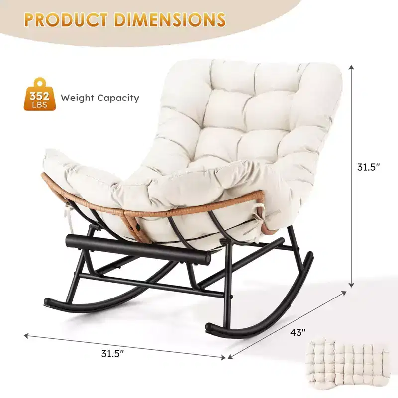 Oversized Papasan Rocker - Indoor/Outdoor Rattan Rocking Chair with Removable Cushion & Footrest for Patio, Porch, Living Room, Bedroom, Lawn,Garden
