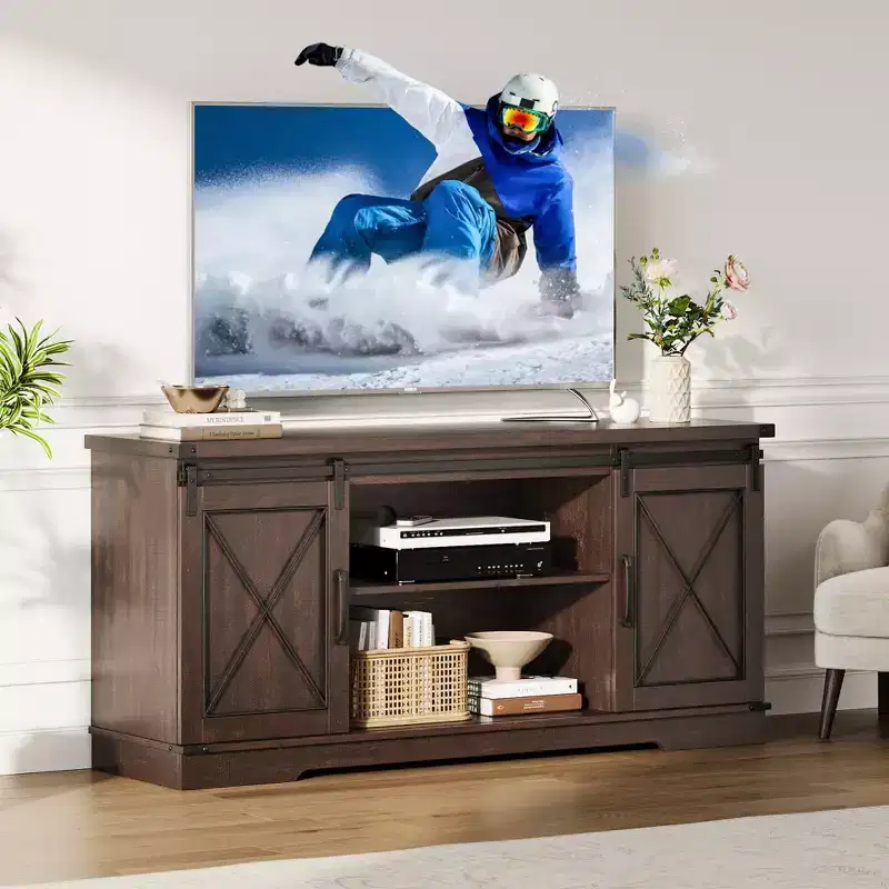 Farmhouse Tv Stand for 65 Inch TV, Entertainment Center with Sliding Barn Doors and Adjustable Shelf, Storage Cabinet for Living Room, Bedroom