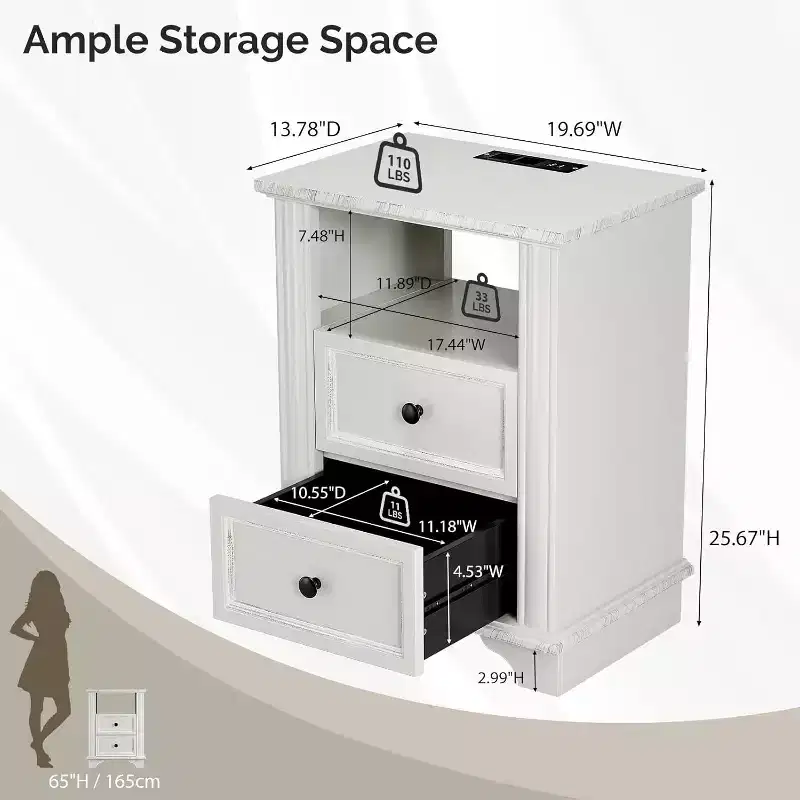 19.7 W Nightstand with Charging Station, White Nightstand with Drawers, Wood Night Stand