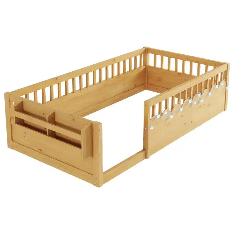 Natural Wood Floor Bed Frame with High Rails, Built-In Light & Storage Shelf for Kids