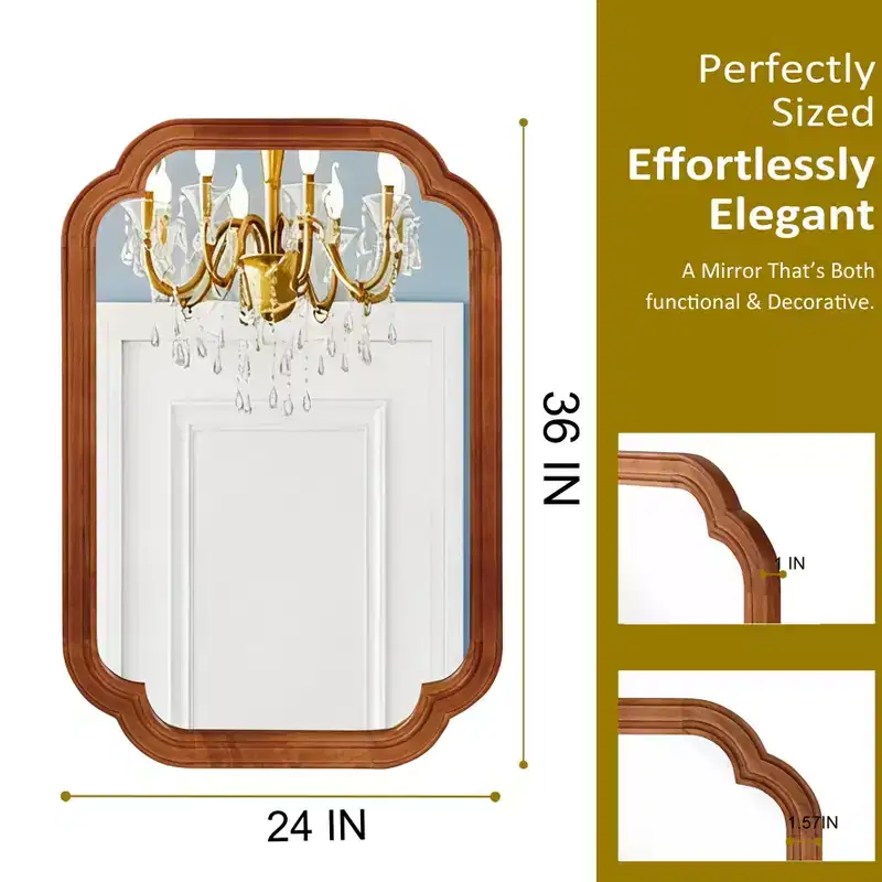 PexFix 24 x 36 Rounded Corner Solid Wood Frame Decorative Mirror Modern Farmhouse Wall Mirror For Bedroom Bathroom Living Room Entryway Brown
