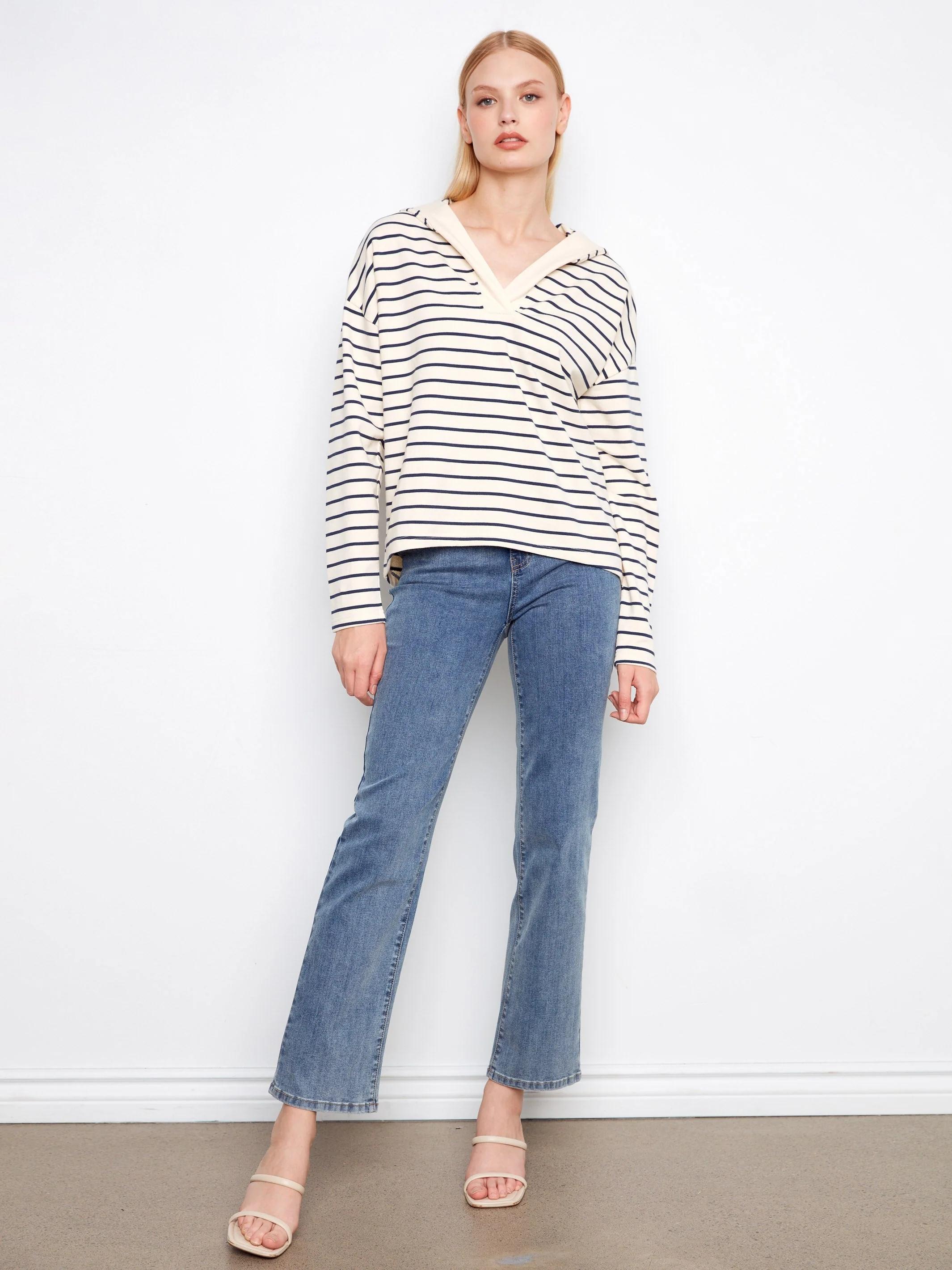 V-Neck Striped Hoodie - Navy