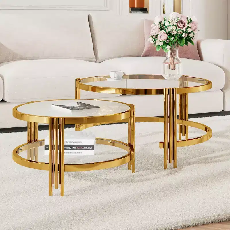 Whisen Modern 2 - Piece Gold Finish with Textured Glass Coffee Table Set, Nesting Coffee Table with Tempered Glass - Transparent & Gold
