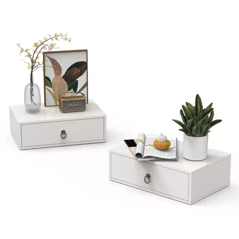 VINGLI Floating Nightstand with Drawer Set of 2, Floating Bedside Table, Wall Mounted Nightstand, Hanging Nightstand White for Bedroom