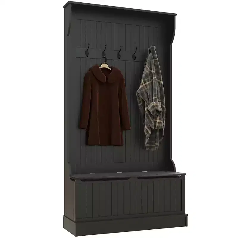 HOMCOM 3-In-1 Hall Tree Storage Bench and Coat Rack with 5 Steel Double Hooks, and Anti-Topple Anchor for Entryway