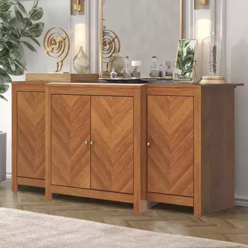 Walnut Wood 4-Door Chevron Sideboard Buffet 61.9