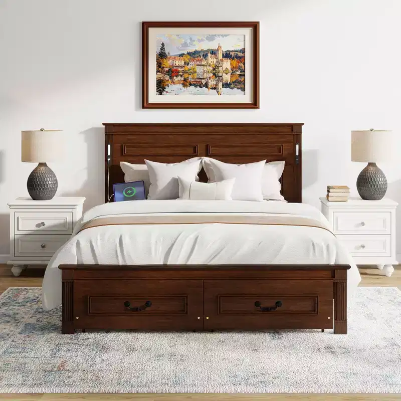Farmhouse Bed Frame with Tall Panel Headboard, Storage Drawers & Lights (Queen/King