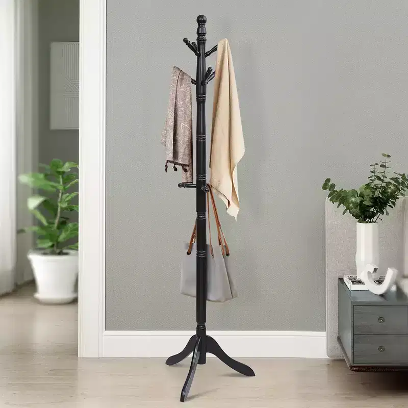 Coat Rack Wooden Hall Tree 2 Adjustable Height w/ 9 Hooks Walnut/Black/Grey