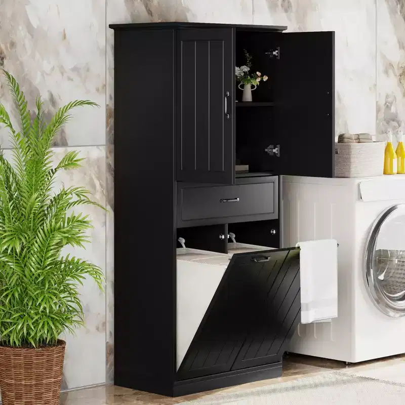 65 Tall Bathroom Storage Cabinet, Double Tilt Out Hidden Laundry Hamper, Freestanding Floor Storage Cabinet for Bathroom Kitchen Living Room