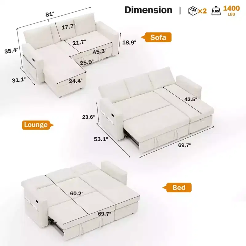 2 in 1 Pull Out Sleeper Sofa with Storage Chaise C Chenille Sectional Couch with USB Ports for Living Room