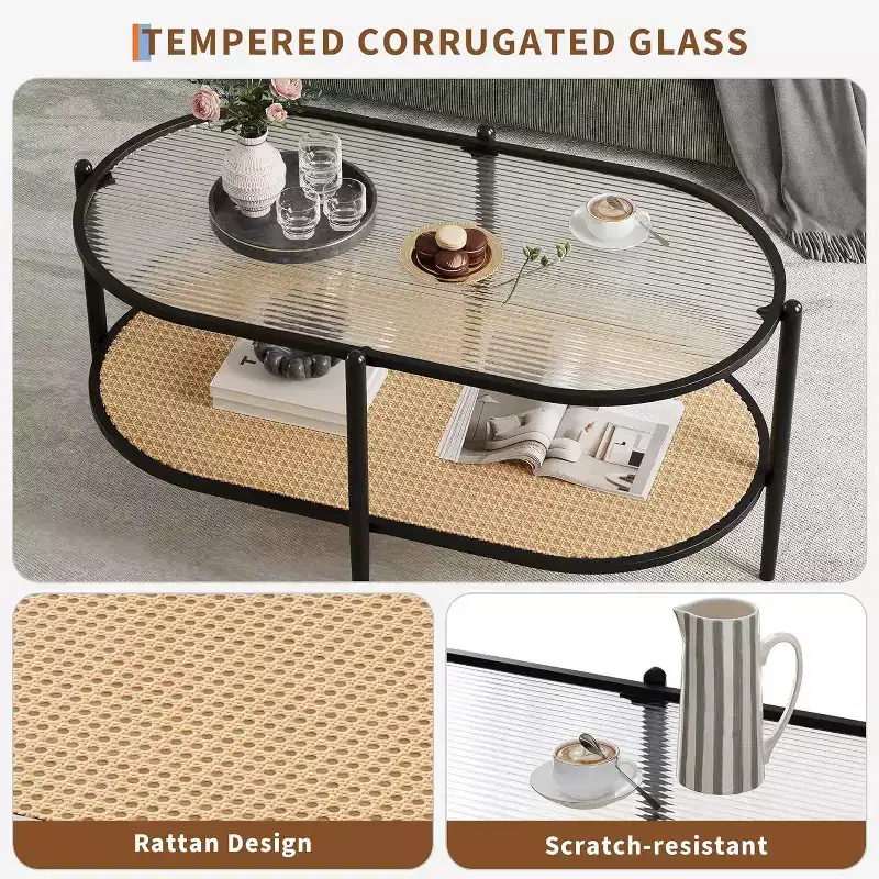Oval Glass Coffee Table, Water-Wave Tempered Glass, Rattan Storage Shelf, Boho Farmhouse Metal Frame