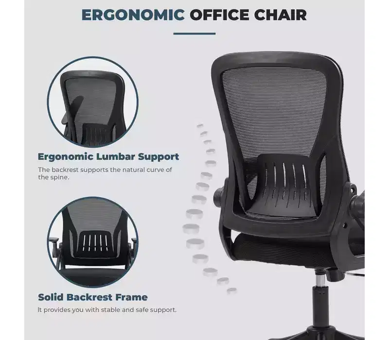 Ergonomic Office Chair with Flip-Up Armrests & Lumbar Support Adjustable Swivel Desk Chair with Padded Seat, Mesh Back (Black)