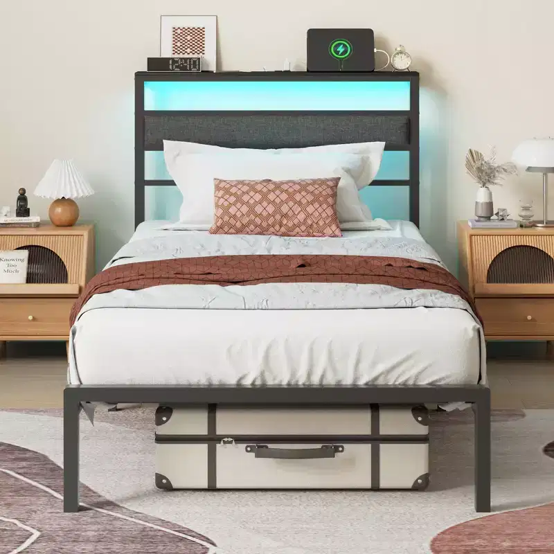 Twin Size Kids Platform Bed Frame with Upholstered Storage Headboard RGB LED Lights Built In Charging Station USB Ports No Box Spring Needed Metal Bed