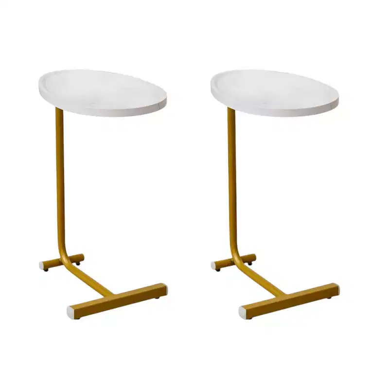 HomeRoots Set of Two White and Gold Faux Marble and Metal Oval End Tables