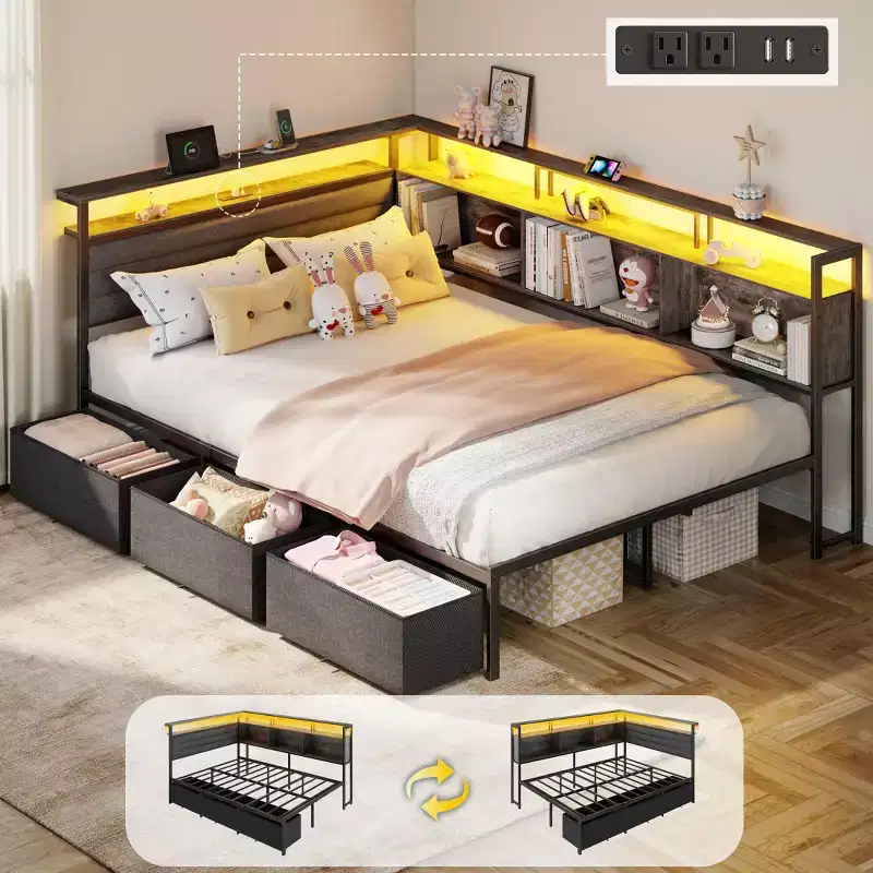 Full Size Corner Bed Frame with LED Lights and Storage Bookcase Built in Charging Station Upholstered Daybed with 3 Drawers No Box Spring Needed Gray