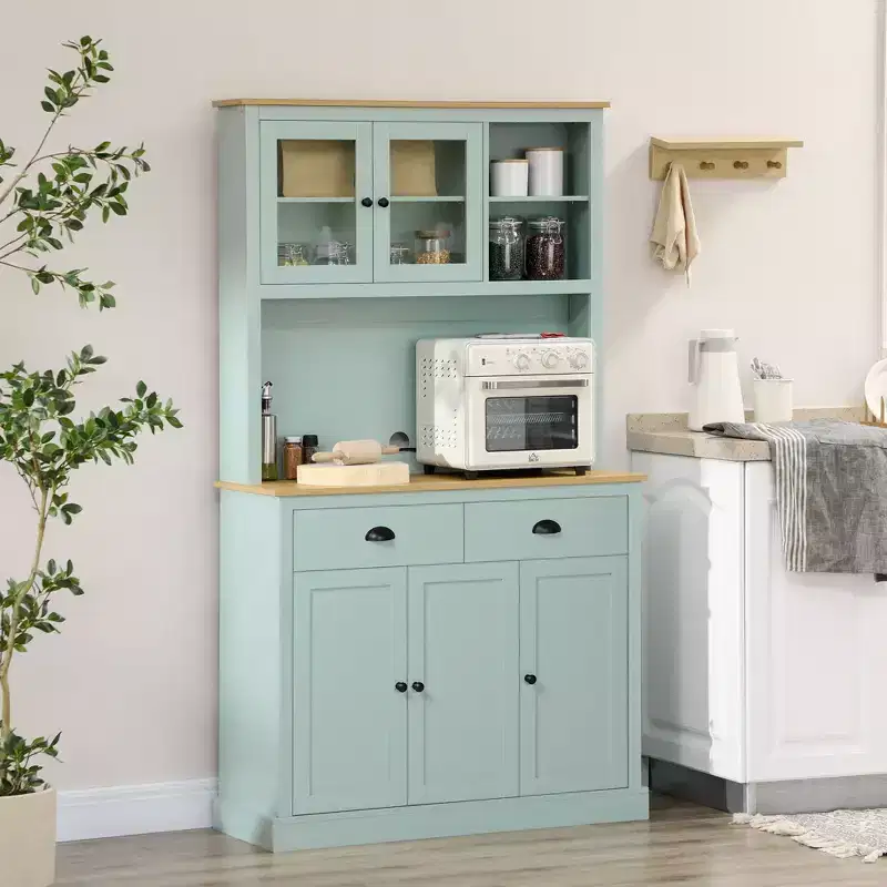HOMCOM 71 Freestanding Pantry, Kitchen Buffet with Hutch, Modern Storage Cabinet with Drawers, Glass Doors, and Adjustable Shelves, Light Green