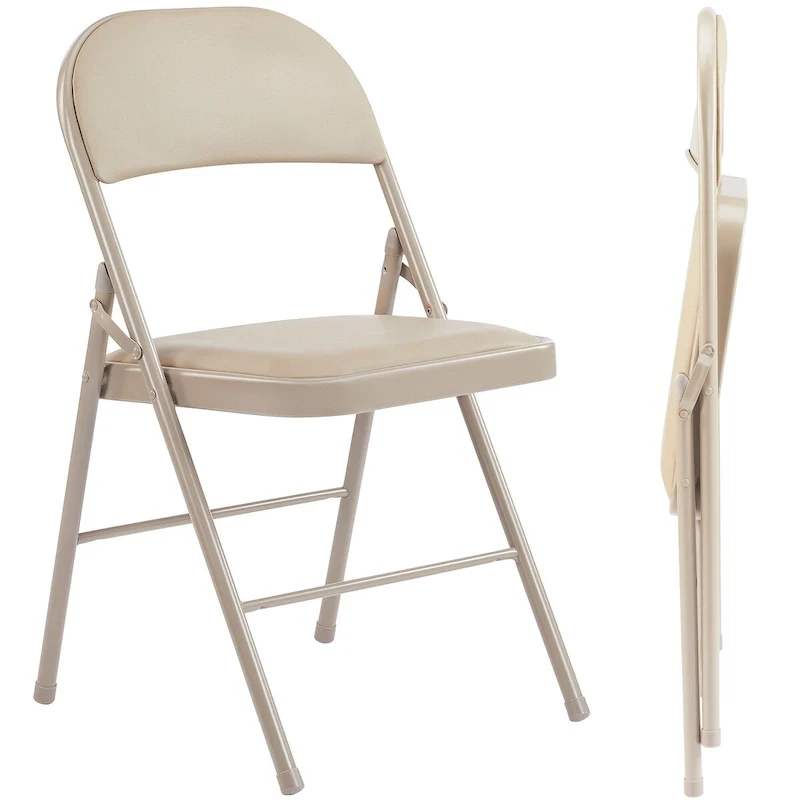 Beige PU Leather Folding Chair, Set of 2 – Metal Frame, Indoor/Outdoor