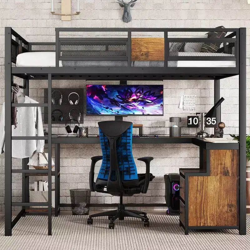 Bellemave Loft Bed with Desk and Storage Non-woven Fabric Drawers, Metal Loft Bed Frame with Ladders, Nosie-free No Spring Box Needed, Black