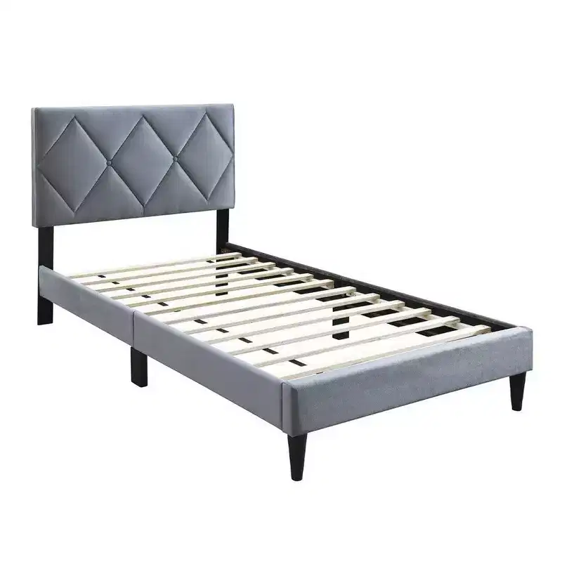 Royal Hampton Full Size Bed, Tufted Gray Velvet Upholstery, Diamond Stitch