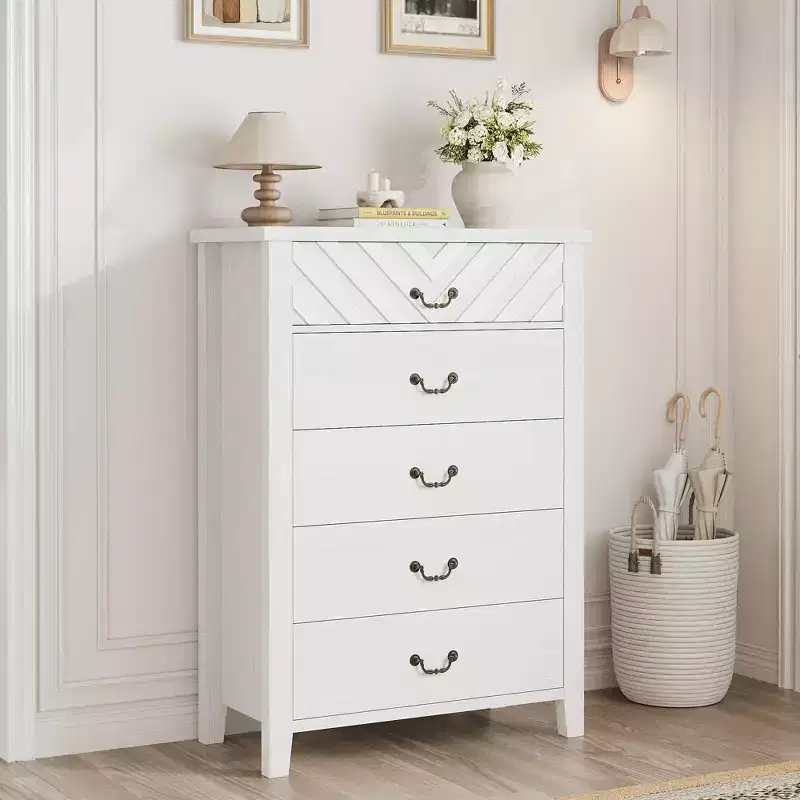 Farmhouse 5 Drawer Dresser for Bedroom, Tall Wood Dresser, Vertical Chests of Drawers with Storage Freestanding for Living Room