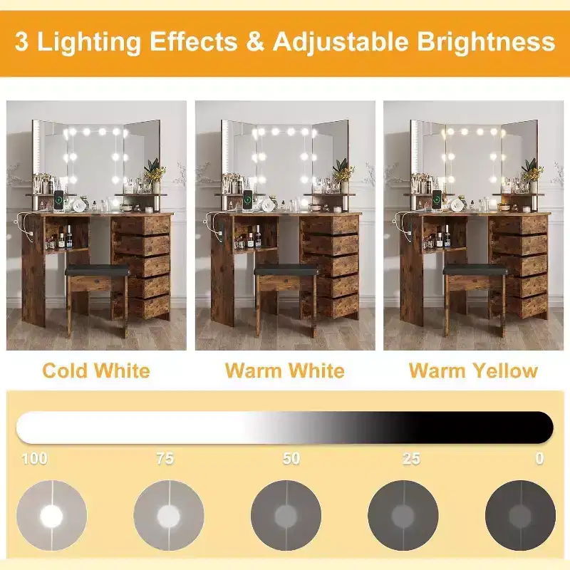 Makeup Vanity Desk - Vanity Desk Set with Lights & Power Outlet Corner Vanity Table with 5 Rotating Drawers 3 Lighting Mode