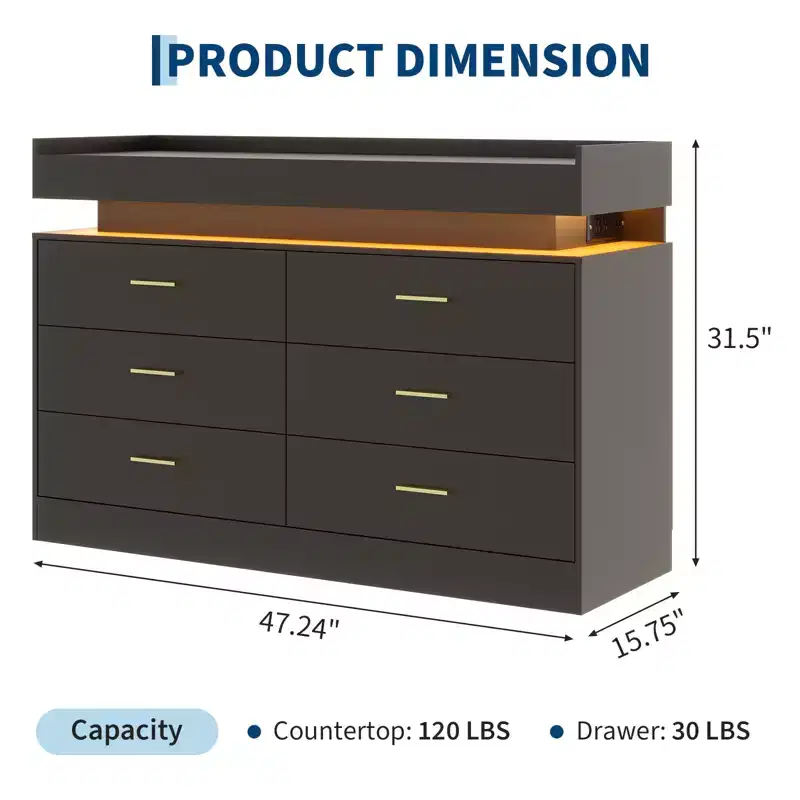 TV Stand Cabinet with Lights & Charging Station, Modern Sideboard Floating Coffee Bar Cabinet, Buffet Console with 6 Drawers for Living Room