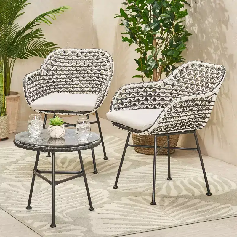 GDFStudio Hardaway Outdoor Wicker and Iron 3 Piece Chat Set with Cushion