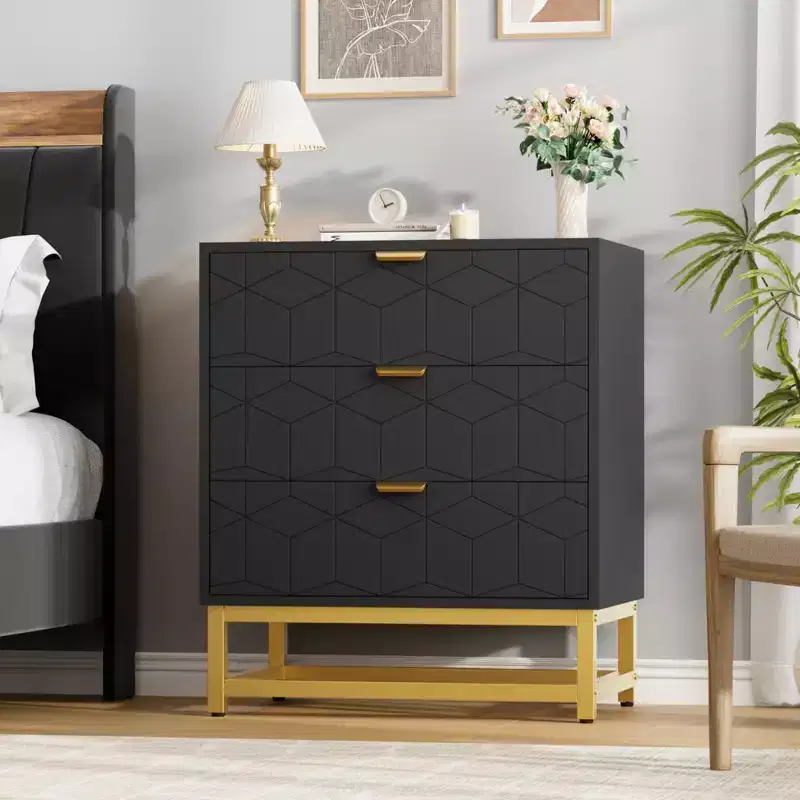 Modern 3 Drawer Wood Dresser, Chest of Drawers with Gold Handles, Bedroom Nightstand & Storage Cabinet