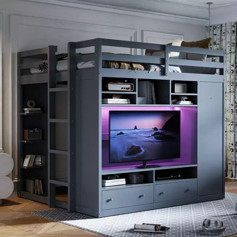 Luxystar Modern Loft Bed With Arrmoire, Lighted TV Stand Entertainment Center, Shelves and 2 Drawers