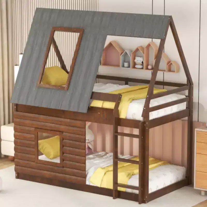Wood Twin Size House Bunk Bed with Roof, Ladder & 2 Windows, Oak & Smoky Grey, Pine Wood