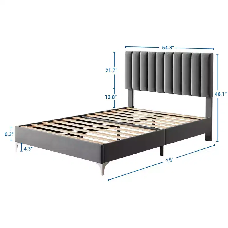 Garvee Velvet Full/Queen Bed Frame, Adjustable headboard, Wooden slats, No Box Spring. Easy Assembly, Gray