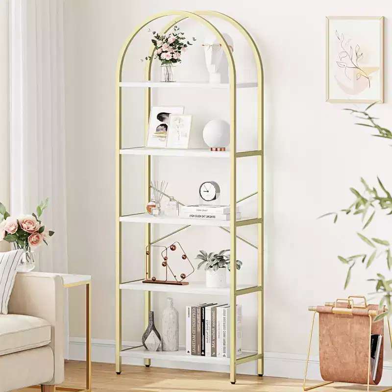 5-Tier Arched Bookshelf  70.8 Tall Freestanding Storage Rack Gold & White for Living Room Bedroom Office
