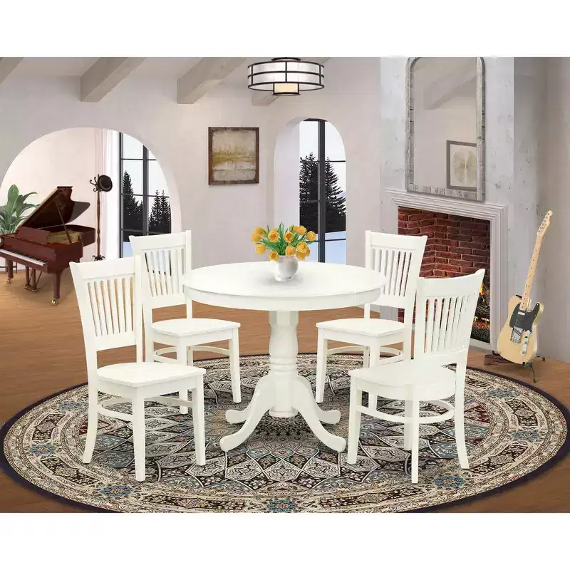 HomeStock ANVA5 Linen White 5 Piece Round Pedestal Dining Set