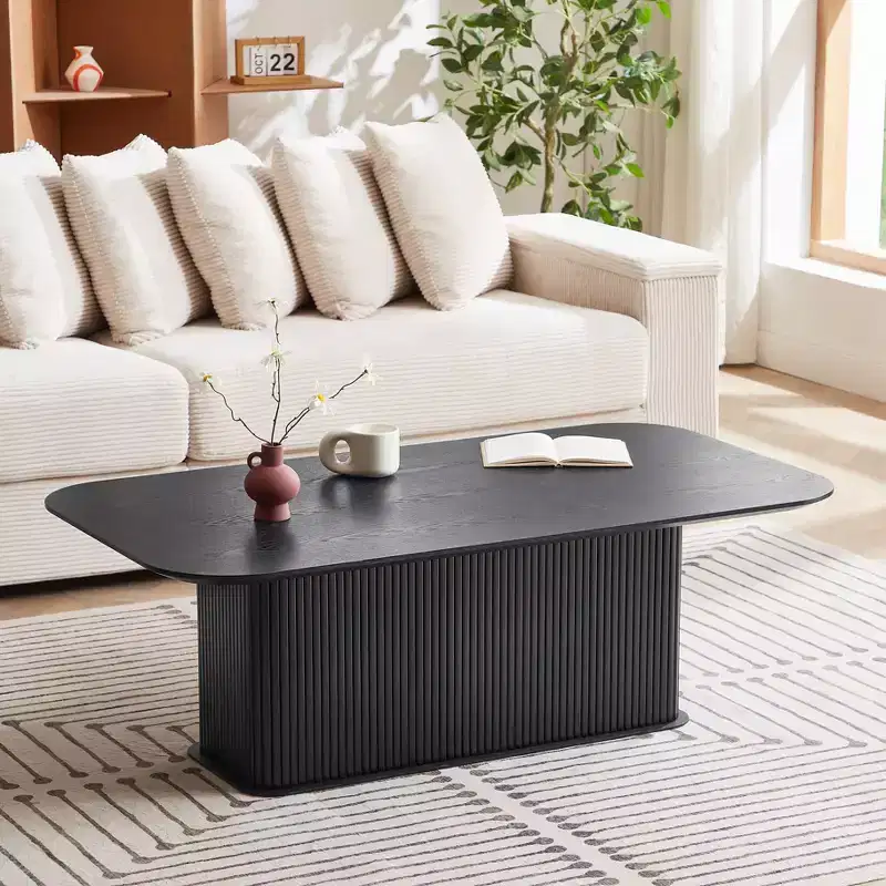 Coffee Table Black Oak Wood Surface and Black Metal Feet