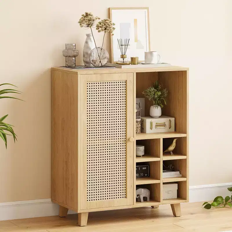 JVNOXK 34-inch Medieval-Style Storage Sideboard with Wine Rack Function, Suitable for Home Dining Rooms and Living Rooms, Natural