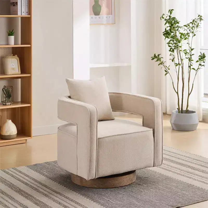 Modern Fabric Accent Sofas, 360-Degree Turning Arm Chair with Wooden Base & 1 Throw Pillow, for Living Room, Bedroom, Nursery, Office, Hotel