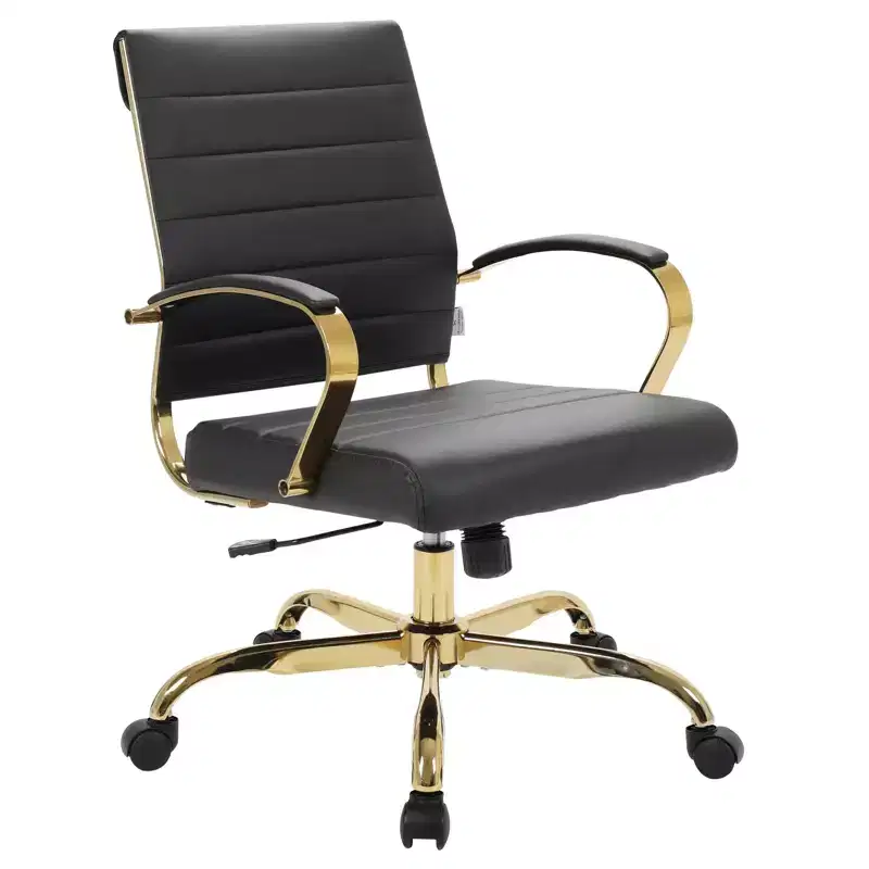 LeisureMod Benmar Leather Office Chair with Gold Accents, Adjustable Height, Swivel Base, Ergonomic Design for Home Office, Study, or Workspace