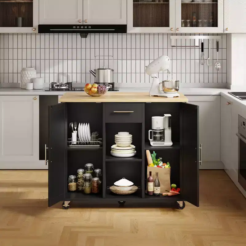 Rolling Kitchen Island Cart With Butcher Block Top Portable Workstation With Storage Shelves, 1 Drawer & Locking Wheels