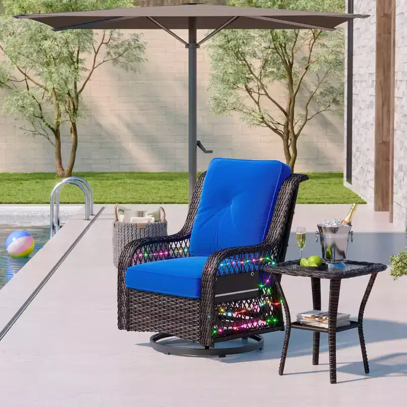 Bestier Wicker Patio Furniture Chair,Swivel Gliding Chair with LED Strip,Outdoor Swivel Rocking Chairs with 4Anti-Slip Cushions for Deck,Porch&Garden
