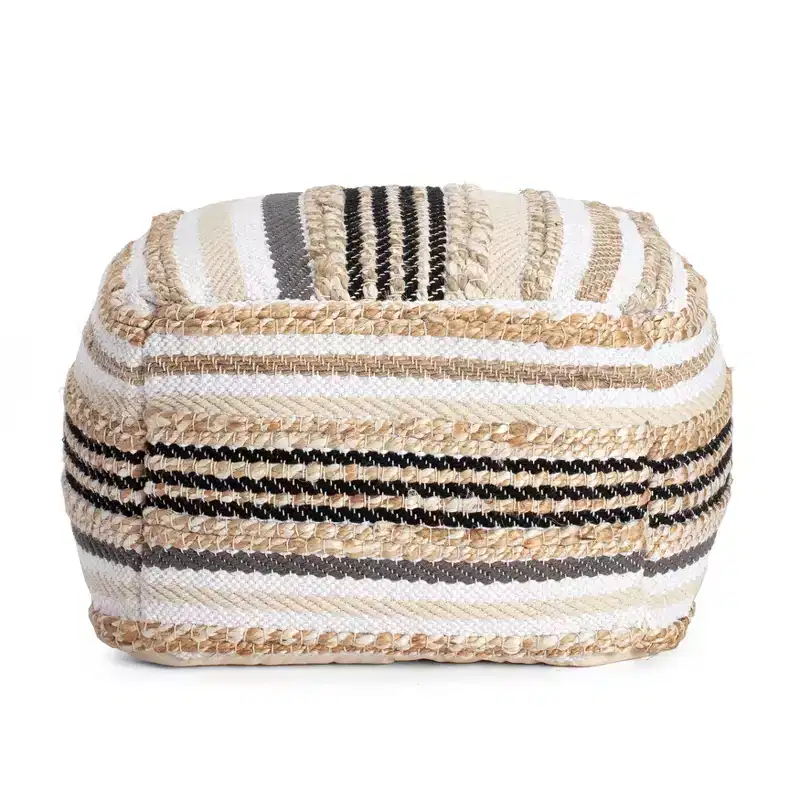Arsenal Pouf Beige/Grayscale - Anji Mountain: Handmade Square Ottoman, Removable Cover, Polyester & Jute, Contemporary Style