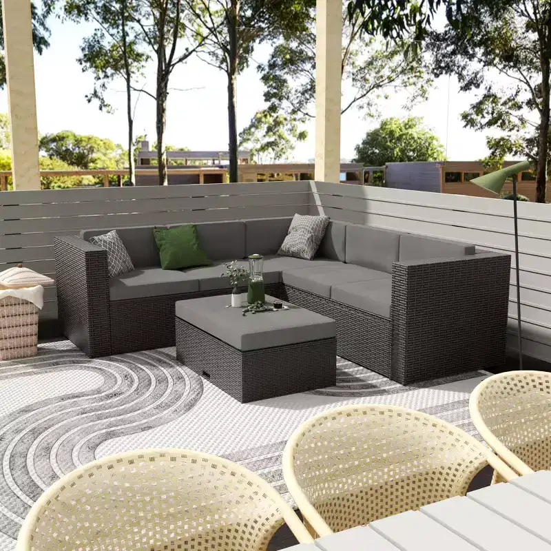 WestinTrends 6 Seater Outdoor Patio Modern Sectional Set with Storage Ottoman, Coffee/Gray