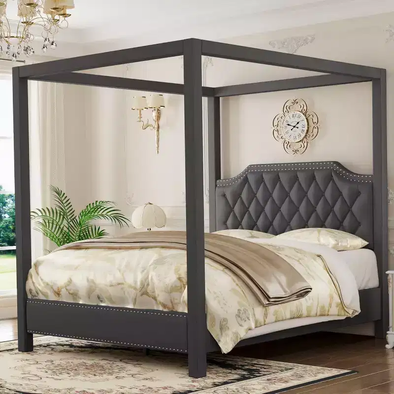 Queen Size Canopy Bed Frame with Poles 4 Corner Bed Bracket, Solid Wood Slats Support, No Box Spring Needed, Noise Free