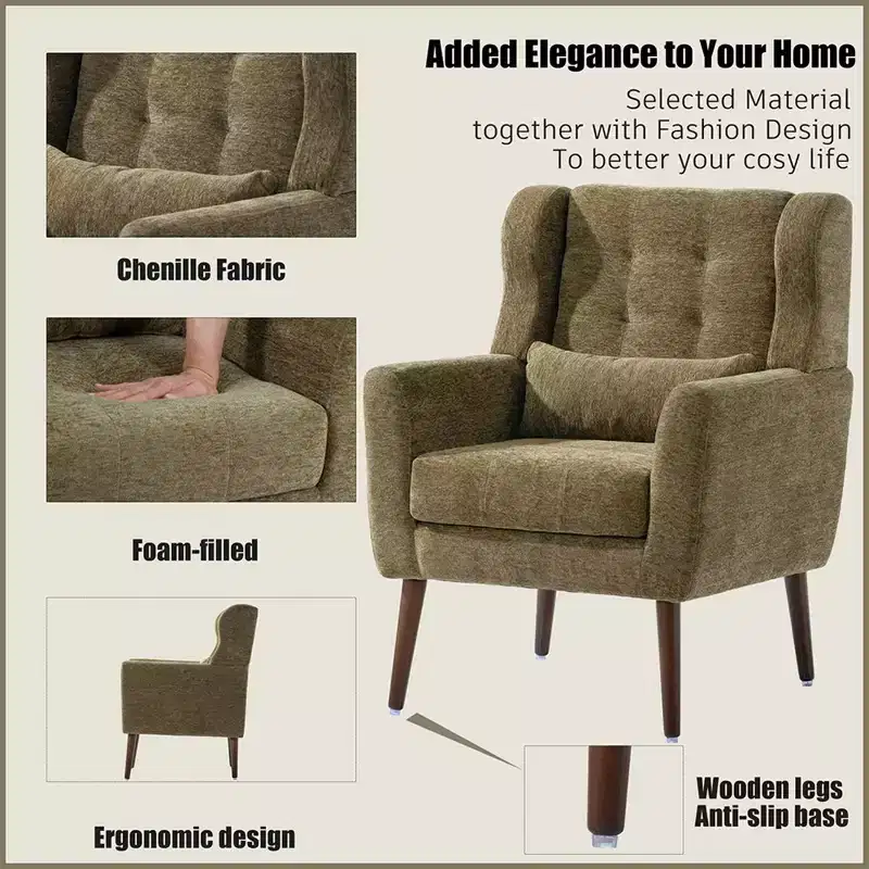 37.6 Tall Modern Accent Chair, Upholstered Foam Filled Reading Chairs With Cushion And High Backrest, Chenille Fabric Lounge Tufted Armchair